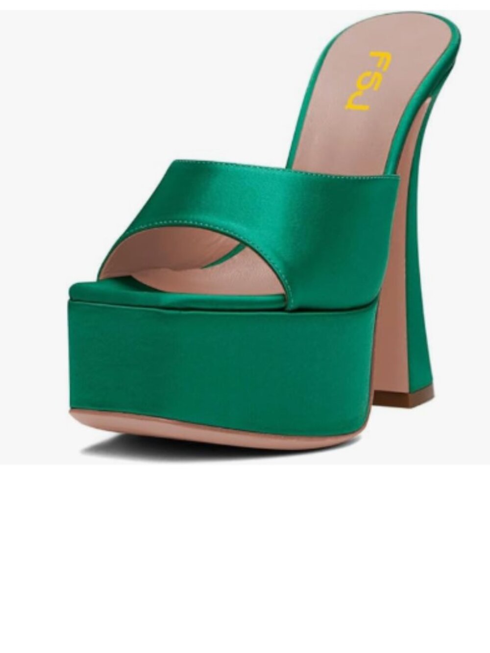 FSJ Green Satin Slip On Platform Heeled Sandals Peep Open Toe Chunky Heels Mules